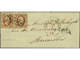 10 cent bruinrood plaat VI pos. 13-14 in paar op briefomslag van Den Haag 24-3-1862 naar Brussel, pracht ex. (lakzegel achter