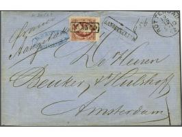 10 cent karmijnroze plaat VIII pos. 51 met hoekvelrand op aangetekende briefomslag van Rotterdam 19-12-1862 naar Amsterdam, p