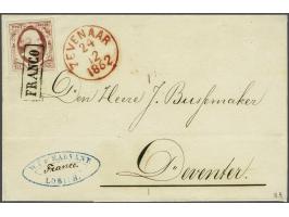 10 cent karmijn plaat VIII pos. 65 op briefomslag van Lobith (langstempel achterzijde) via Zevenaar 24-12-1862 naar Deventer,