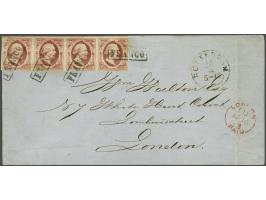 10 cent rood plaat X pos. 22-25 op dun papier in strip van 4 op briefomslag van Rotterdam 15-4-1863 naar Londen, fraai ex. (l