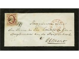 10 cent rood plaat X pos. 6 op dun papier op envelop van Arnhem 2-6-1864 naar Utrecht. Laat gebruik! Breedgerand pracht ex. o