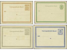 proeven briefkaarten Correspondentie-Kaart in blauw met 5 randlijnen (van de Loo proef 2 type II), idem groen met 2 randlijne