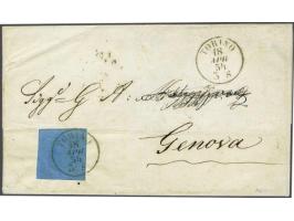 Victor Emanuel II 20 centesimi blue on cover from Turin 18-4-1854 to Genova, fine/very fine (address partly erased)