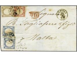 Victor Emanuel II ½ grana brown, 2 grana blue (2x) and 5 grana carmine on cover from Naples 28-7-1861 to Malta. 9½ grana (40 