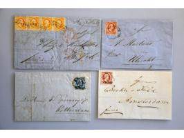 8 poststukken w.b. 6 ex. gefrankeerd met emissie 1852 (o.a. 1 ex. met 4x nr. 3  naar New York, doch 2 zegels ontbrekend, lang