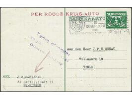 Postcard Groningen-Venlo 27.X.1944 with red PER ROODE KRUIS-AUTO (by Red Cross car) and purple Terug afzender/ wegens verbrok