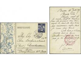 Red censor roundcancel MILITAIR GEZAG District AMSTERDAM 05 on card with 5 cent Freedom, ship cruiser De Ruyter with short ba