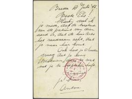 Red censor roundcancel MILITAIR GEZAG District AMSTERDAM 05 on card with 5 cent Freedom, ship cruiser De Ruyter with short ba