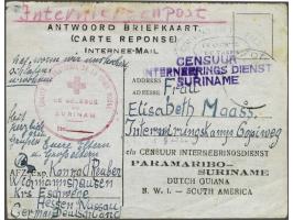 Surinam Red Cross reply postcard from Hessen Germany to Internment Camp Copieweg Paramaribo with purple censuur/ interneering