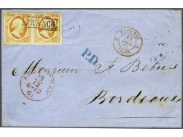 15 cent oranje pos. 9-10 in paar op briefomslag van Oosthuizen (langstempel achterzijde) via Amsterdam 13-12-1861, Valencienn