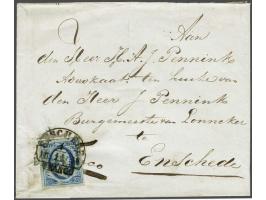 Delden (Ey RR) op 5 cent blauw met tevens Enschede B (Ey 75) op envelop 1-11-1854 (?) naar Lonneker, vrijwel pracht ex. (enve