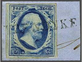 Yzendyke (Ey R) op 5 cent donkerblauw plaat III op fragment, pracht ex. met certificaat Ned. Bond 1983