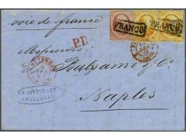 10 cent rood en 15 cent oranje (2x) op vouwbrief van Amsterdam 8-4-1867 over Valenciennes naar Napels met geschreven Voie de 