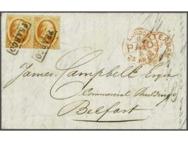 15 cent oranje in paar op vouwbrief van Rotterdam 23-4-1866 naar Belfast, pracht ex. (brief verticaal vouwtje) met certificaa