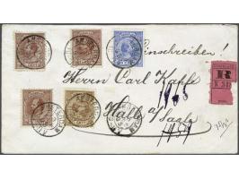 7½ cent chocoladebruin (3x), Hangend Haar 5 cent blauw en Hangend Haar 7½ cent bruin op aangetekende envelop van Amsterdam 18