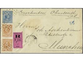 15 cent oranjebruin tanding 12½ grote gaten (2x) op envelop Hangend Haar 5 cent van Rotterdam 7-12-1891 naar München, pracht 