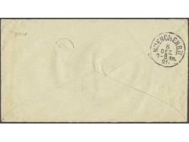 15 cent oranjebruin tanding 12½ grote gaten (2x) op envelop Hangend Haar 5 cent van Rotterdam 7-12-1891 naar München, pracht 