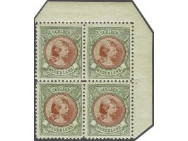 5 gulden bronsgroen en bruinrood in blok van 4 met hoekvelrand met certificaten NVPH 1982 en Vleeming 2019, 2 ex. originele g