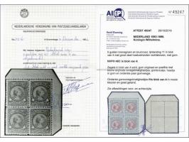 5 gulden bronsgroen en bruinrood in blok van 4 met hoekvelrand met certificaten NVPH 1982 en Vleeming 2019, 2 ex. originele g
