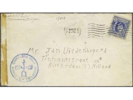 Blauw rondstempel Commissie voor aangehouden lading op envelop USA-Rotterdam 11 maart 1948 en in 1951 vrijgegeven, achterzijd