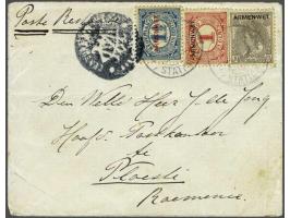 Armenwet 1 cent rood, 1½ cent donkerblauw met rode opdruk en 10 cent grijs op envelop van Tilburg 11-?-19?? naar Ploesti (Roe