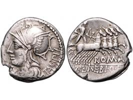 Romeinse munten Baebia 12. M.Baebius Q.f. Tampilus (ca. 120 BC) Head of Roma l.X below chin, TAMPIL behind, Rev. Apollo in qu