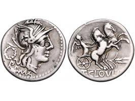 Romeinse munten Cloulia 1. T. Cloulius (128 BC) Head of Rome r. wreath behind, roma below, Rev. Victory in biga, ear of corn 