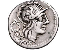 Romeinse munten Cloulia 1. T. Cloulius (128 BC) Head of Rome r. wreath behind, roma below, Rev. Victory in biga, ear of corn 