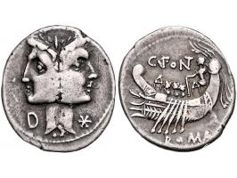 Romeinse munten Fonteia 1. C. Fonteius (114-113 BC) Janiform head Fons or Fontus, laureate, * on r., D on left, dot below hea