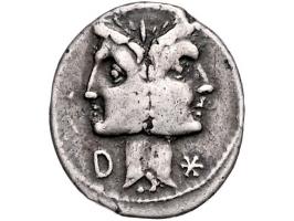 Romeinse munten Fonteia 1. C. Fonteius (114-113 BC) Janiform head Fons or Fontus, laureate, * on r., D on left, dot below hea