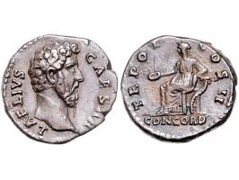 Romeinse munten Aelius (136-138) AR Denarius. Bare head right, Rev. CONCORD (in exergue) TR POT COS II. Concord seated left. 