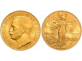 Italy 50 lire 1911R, gold, KM54 EF very slight edge knick