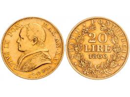 Italy Papal states, Pius IX 20 lire 1866/XXI R, gold, KM1382.2 VF