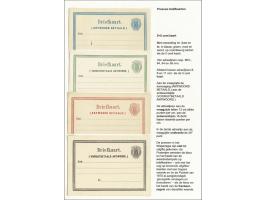 4 proeven briefkaart 5+5 cent, wapen, links samenhangend, proef 14, in blauw, groen, rood en zwart, pracht/vrijwel pracht ex.