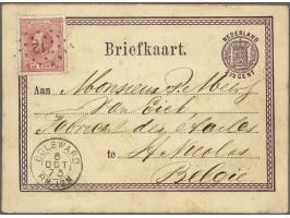 Briefkaart 2½ cent met 10 cent 21D, puntstempel 12 van Bolsward naar St. Nicolas België, 10 cent brieftarief naar België (gel