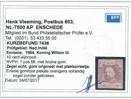 10 cent wijnrood pos. 68, pracht ex. met originele bruine gom en attest Vleeming 2017, cat.w. 400