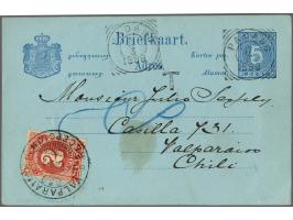 Briefkaart 5 cent blauw van Padang 17-3-1899 naar Valparaiso (Chili) alwaar beport met 2 centavos rood, pracht ex.