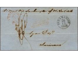 Omslag Amsterdam-Paramaribo 30.10.1856 met aankomststempel 26.11.1856 en rood NEDERLAND OVER SOUTHAMPTON (op verzoek afzender