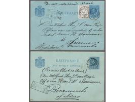 Briefkaart 5 cent Willem III met 2½ cent (zeetarief) met kleinrond AMST:-HELDER D 17 dec 84 en route SURINAME OVER St NAZAIRE