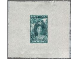 Ongetande stempelproeven van de Jubileumuitgifte 1923 5 cent t/m 5 gulden in de gekozen kleuren op zijdepapier, pracht ex. (1