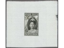 Ongetande stempelproeven van de Jubileumuitgifte 1923 5 cent t/m 5 gulden in de gekozen kleuren op zijdepapier, pracht ex. (1