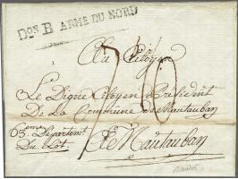 Don B ARMs DU&nbsp;NORD in black on letter De la Haye 18 Priairial l'an 4 (6 June 1796) to Montauban, postage 7 livres, 10 so