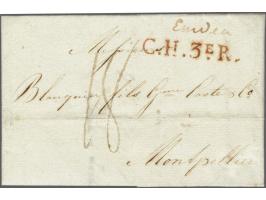 Written Emden and red C.H.3eR. (East Frisia, now Germany) on complete letter 29 Janvier 1810 to Montpellier, postage 18 déc.,