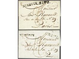 NIMÉGUE and C.H.1eR, all in black, on 2 complete letters to Paris, 22 dec.1809 (ex. coll. Noël) and 20 febr. 1810, postage 24