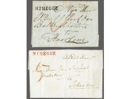 NIMÉGUE in black on letter to Haarlem 3 august 1809, postage V stuiver (5 known of which 3 without Rayon stamp) and in red on