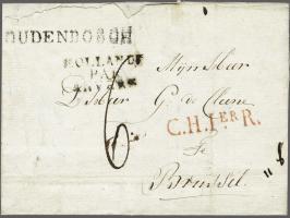 OUDENBOSCH and C.H.1eR (black and red) on complete letter to Brussel 8 sprokkelmaand 1810 (6 febr.1810) transit HOLLANDE / PA