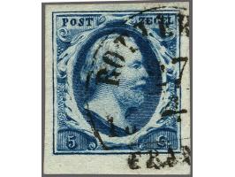 5 cent diepdonkerblauw plaat I pos. 22 met velrand, pracht ex.