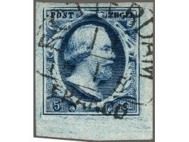 5 cent donkerblauw plaat III pos. 100 met hoekvelrand, pracht ex.