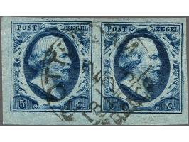 5 cent diepdonkerblauw plaat III pos. 21-22 in paar met hoekvelrand, pracht ex.