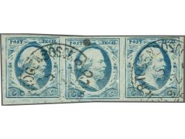 5 cent flets groenblauw plaat III pos. 57-59 in strip van 3, pracht ex.